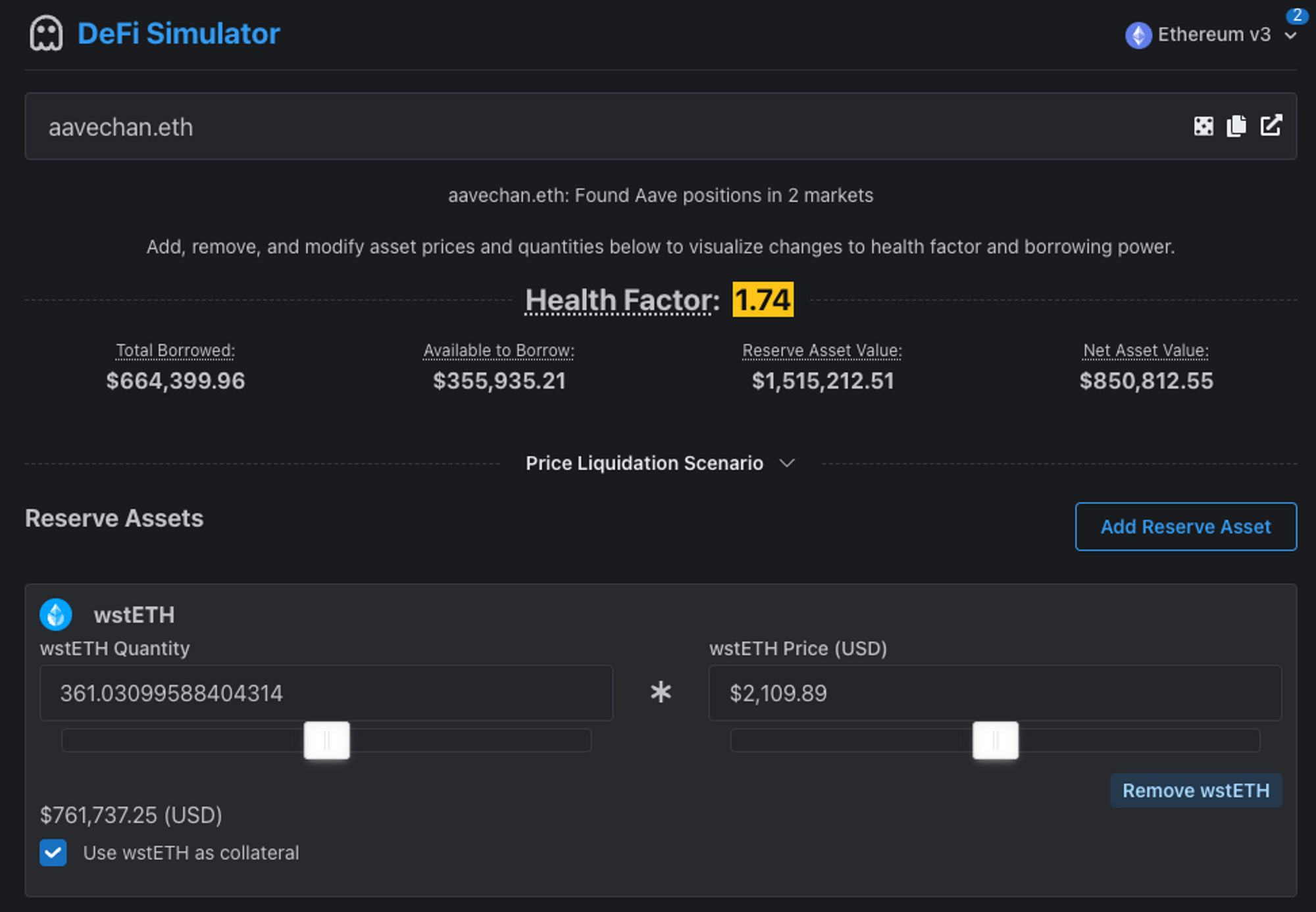 A screenshot of the DeFi Simulator interface - showing an account with a health factor of 1.74 and other key stats.