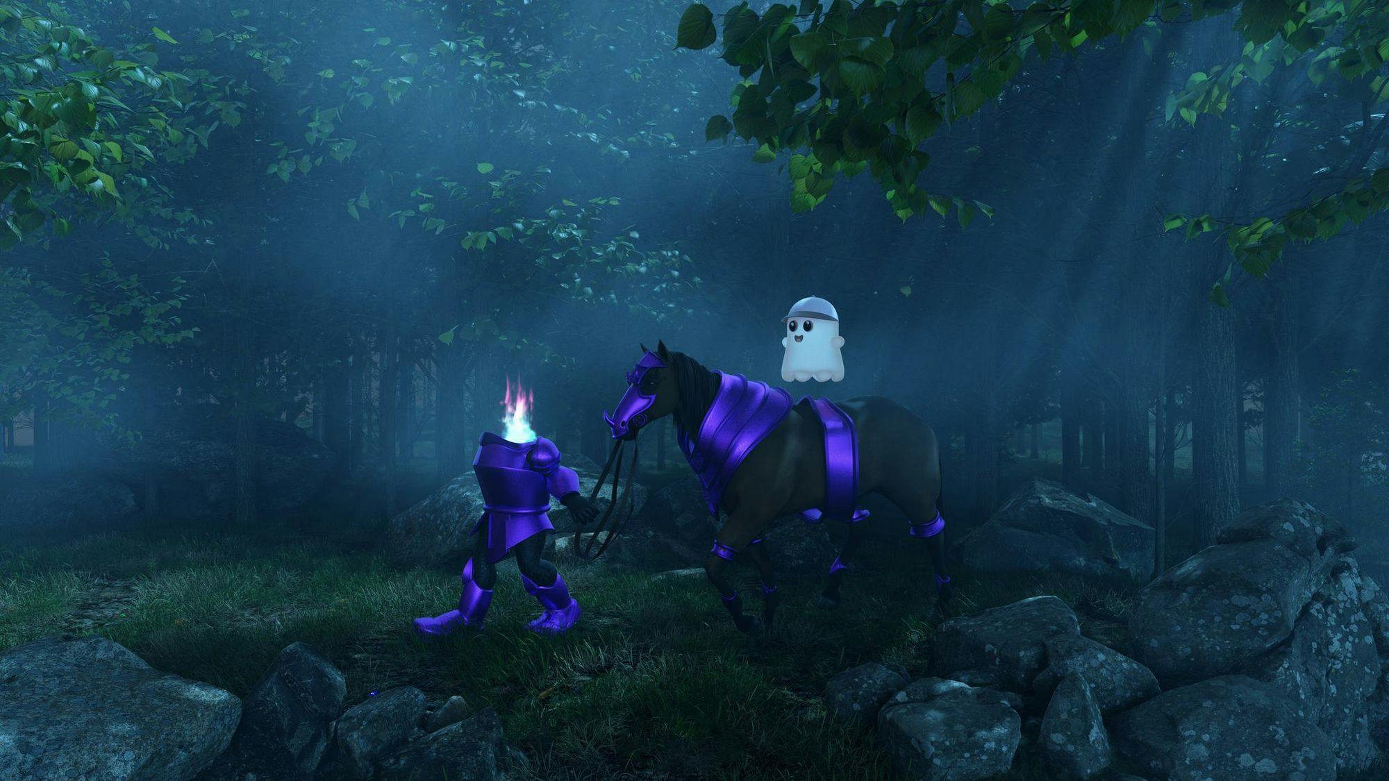 A Ghost Knight guiding a horse and GHOst in the woods.
